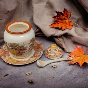 Vintage Nasco Bone China Mountain Woodland Jam Jelly Honey Jar Lid, Spoon  Plate